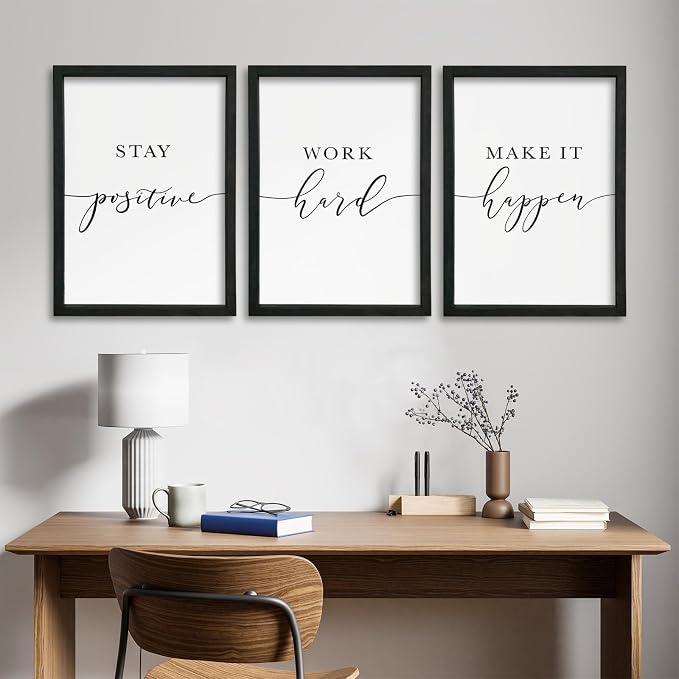 Stay Positive Work Hard Make It Happen Wall Art 11x16–3Pc Wood Frame Office | Motivational Quotes Wall Decor Inspirational Signs Black Frame Home Hanging Art