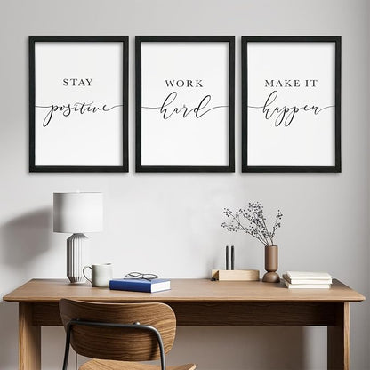 Stay Positive Work Hard Make It Happen Wall Art 11x16–3Pc Wood Frame Office | Motivational Quotes Wall Decor Inspirational Signs Black Frame Home Hanging Art