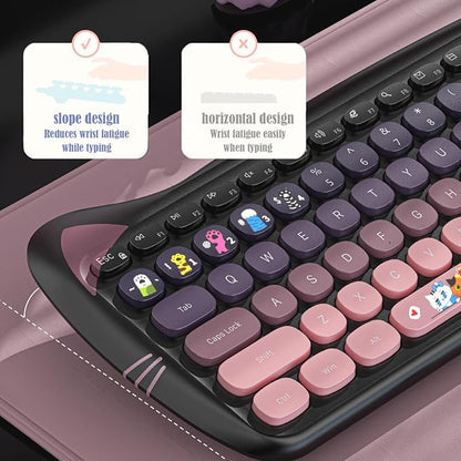 Cute Cat 2.4G USB Wireless Keyboard and Mouse Combo, Silent Keys, Candy Colors, Compatible with Notebook, PC (BlackPink-110Keys)