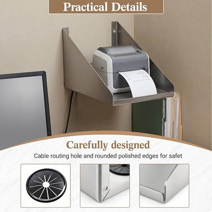 Hicarer Wall Mounted Pos Printer Shelf 7" x 10" x 5.5" Stainless Steel Receipt Ticket Printer Stand for Restaurant Cafe Retail Pos System, with Wire Take-up Hole
