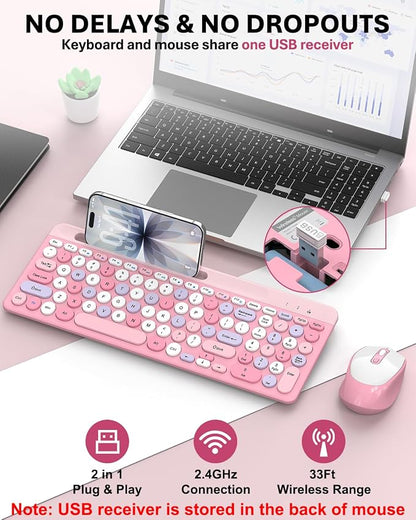 Colorful Wireless Keyboard and Mouse Combo - Round Keycaps, 2.4GHz Retro Typewriter Keyboard with Number Pad, Cute Compact USB Keyboard and Mouse for Computer PC Desktop Laptop (Pink)
