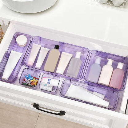 14 Pcs Adjustable Clear Drawer Organizer, Extendable Vanity Storage Bins, Desk Drawer Organizer Set for Makeup, Cosmetics, Bedroom, and Gadgets, Purple