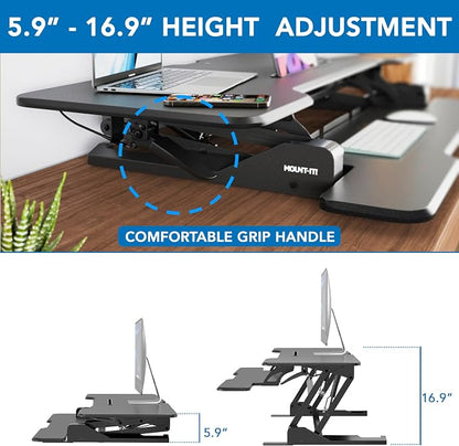 Mount-It! 47" Standing Desk Converter, XL Desktop Sit-Stand Desk Riser with Gas Spring Height Adjustment, Wide Desk Topper for Dual Monitors or Monitor & Laptop, Keyboard Tray, Black