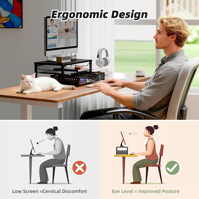 Simple Trending Monitor Stand Riser with Drawer, Black for Home Office | Metal 2-Tier Monitor Stand with Hidden Drawer | Ergonomic Neck Support | Desk Organizer | Space Saving | Fast Setup