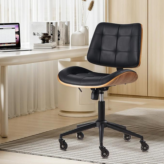 BV Armless Office Chair with Rubber Wheels, 360° Swivel Adjustable Task Chair, PU Leather Rolling Desk Chair for Home Office, Study and Conference Room, Black