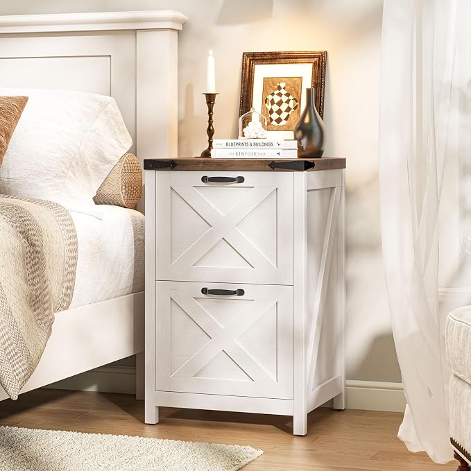 Halitaa Farmhouse File Cabinet, Vertical Under Desk Wooden Storage with 2 Drawers, Small Filing Cabinet Fits Letter and A4 Size for Home Office, Printer Stand, White and Brown