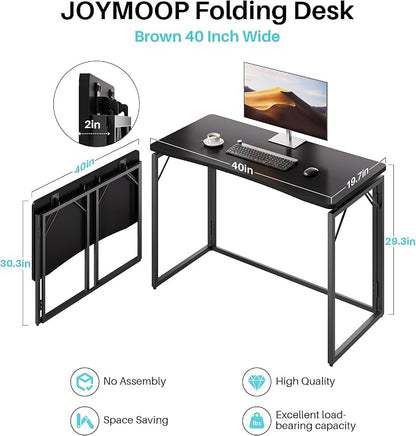 JOYMOOP Black 40" Folding Desk, No Assembly Small Foldable Desk for Home, Office, Wooden Top Folding Computer Desk for Working, Writing, Studying - Middle Size