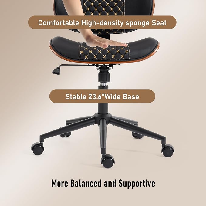 Modern Walnut Home Office Chair with Wheels, Executive Office Desk Chair No Arms, Adjustable Height Small Desk Chair, Comfy PU, Deeper Cushion, Mid Back 360 Swivel Computer Chair, Black-Embroidery