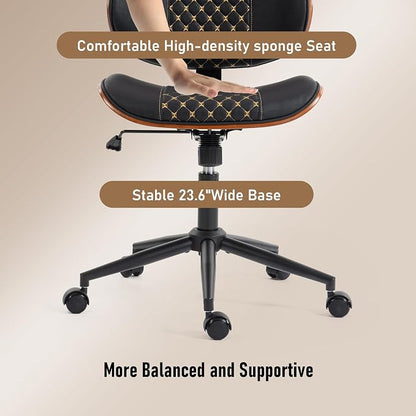 Modern Walnut Home Office Chair with Wheels, Executive Office Desk Chair No Arms, Adjustable Height Small Desk Chair, Comfy PU, Deeper Cushion, Mid Back 360 Swivel Computer Chair, Black-Embroidery