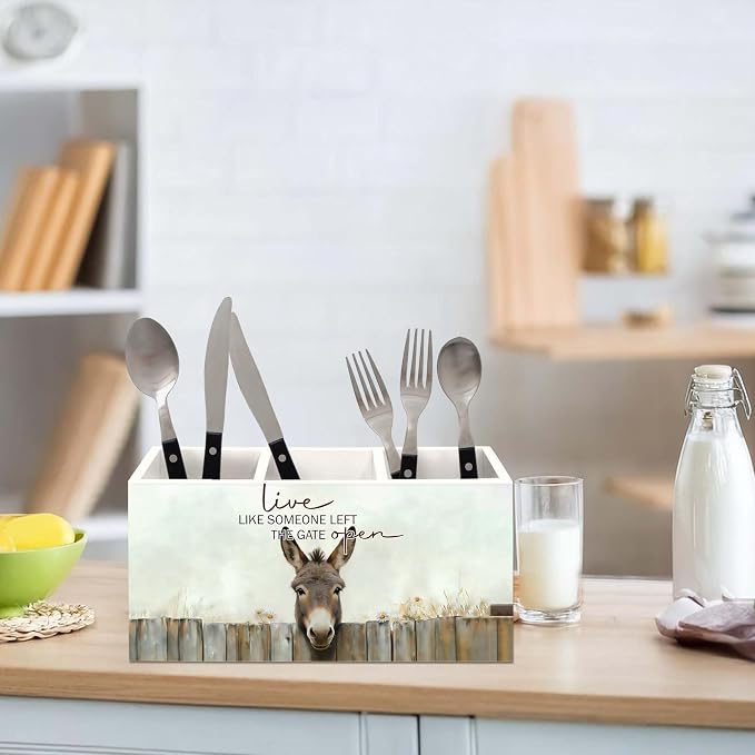 Donkey Gifts Pen Holder for Desk, Rustic Donkey Decor Pencil Organizer, Live Like Someone Left The Gate Open Farm Animal Wooden Pen Holder Desk Accessories Decor for Home Office