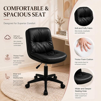 Vanity Chair with Back, PU Leather Swivel Office Desk Chair, Height Adjustable Armless Chair for Small Spaces, Bedroom, Vanity, Home Office Black