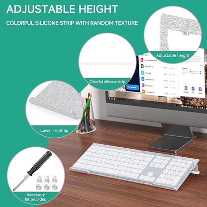 Ergonomic Computer Keyboard Stand - Adjustable Keyboard Riser Tilt Glitter Silver Acrylic Keyboard Tray Non-Slip Elevated Typing Key Board Holder Lift for Home Office Desk Accessories