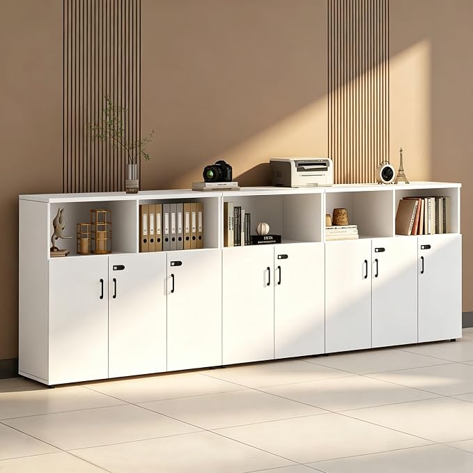 File Cabinet with Password Lock, Wood Lateral Filing Cabinet for Letter/A4 Files, 3 Drawer with Door, Printer Stand with Open Shelves for Home Office