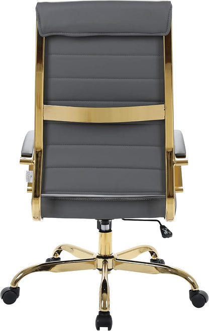 LeisureMod Modern High-Back Leather Office Chair - Swivel & Adjustable Executive Desk Chair with Gold Frame, Ergonomic Design for Home & Office (Grey, Single)