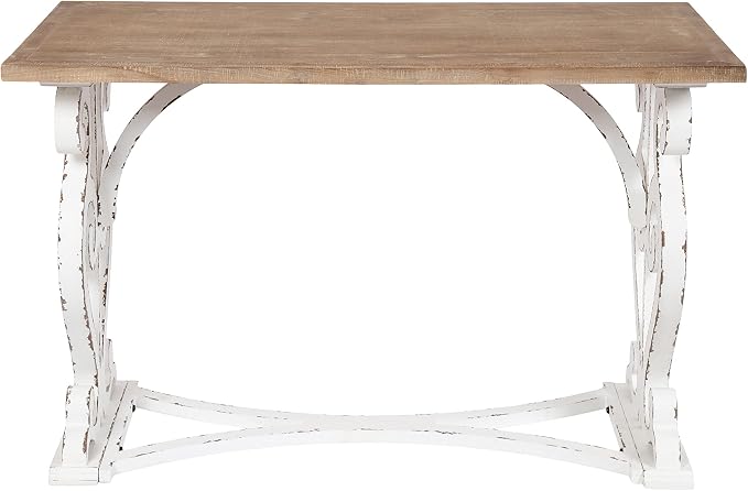 Kate and Laurel Wyldwood Farmhouse Wooden Desk; 46 x 24 x 30; Brown and White; Rustic Carved Wood Computer Desk for Functional and Stylish Home Office Decor