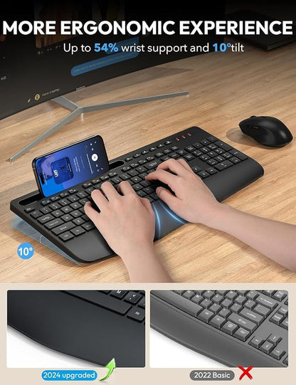 SABLUTE Wireless Keyboard and Mouse, Wrist Rest, Phone Holder, 2.4G Lag-Free Ergonomic Keyboards Mouse Combo, KM23D Silent Keyboard Cordless Set for Computer, Laptop, Windows (2 Pack)