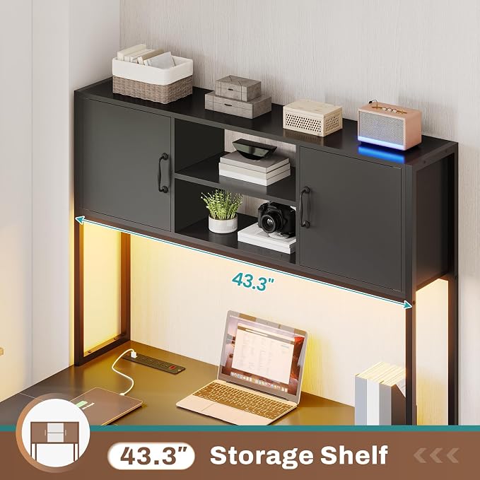 SEDETA Corner Computer Desk, Reversible L Shaped Computer Desk with Fabric Drawers and Power Outlet, Gaming Desk with Led Lights, Hutch and Storage Shelf for Home Office, Black