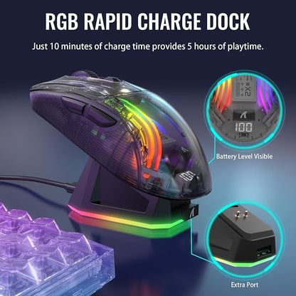ATTACK SHARK X2 Pro Wireless Gaming Mouse with RGB Charging Dock,Tri-Mode PC Gaming Mice 2.4G/Bluetooth/Wired,Noiseless Mouse RGB Backlit,Transparent Shell,PixArt 3212 4000 DPI,for Win/MAC,Black