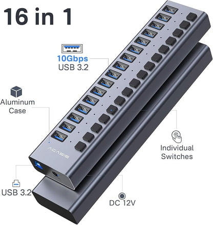 Powered USB 3.2 Hub, ACASIS 16 Ports USB 3.2 Hub with 10Gbps Data Speed，Aluminum Housing, USB Hub Powered with 96W Power Adapter, USB Hub for PC/Laptop, Computer, Flash Drive, Printer, Camera