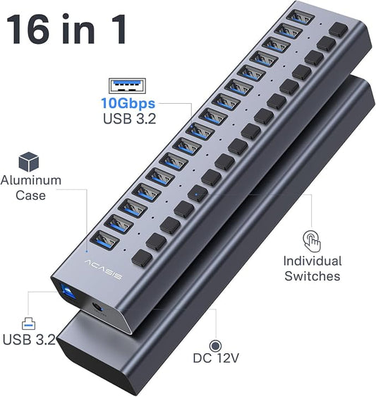 Powered USB 3.2 Hub, ACASIS 16 Ports USB 3.2 Hub with 10Gbps Data Speed，Aluminum Housing, USB Hub Powered with 96W Power Adapter, USB Hub for PC/Laptop, Computer, Flash Drive, Printer, Camera