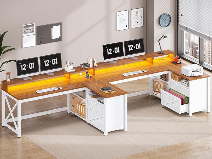 SEDETA Farmhouse L Shaped Desk, 55" Home Office Desk with Drawers and Storage Shelves, L Shaped Gaming Desk with LED Lights, Power Outlet and Monitor Shelf, Brown