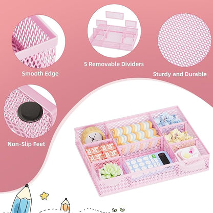 Marbrasse 2 Pack Desk Drawer Organizer, Mesh Drawer Organizer Tray with 8 Adjustable Compartments, Desk Organizers and Accessories, 5 Dividers Drawer for Office Supplies, Makeup & Vanity (Pink)