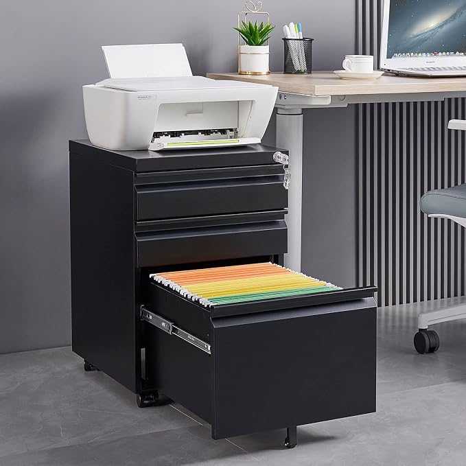 3-Drawer Mobile File Cabinets Black File Cabinet Under Desk Metal Filing Cabinet Rolling Metal Filing Cabinet for Legal and Letter Files with Anti-Tilt Design with Locking Fully Assembled (Black)