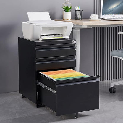 3-Drawer Mobile File Cabinets Black File Cabinet Under Desk Metal Filing Cabinet Rolling Metal Filing Cabinet for Legal and Letter Files with Anti-Tilt Design with Locking Fully Assembled (Black)