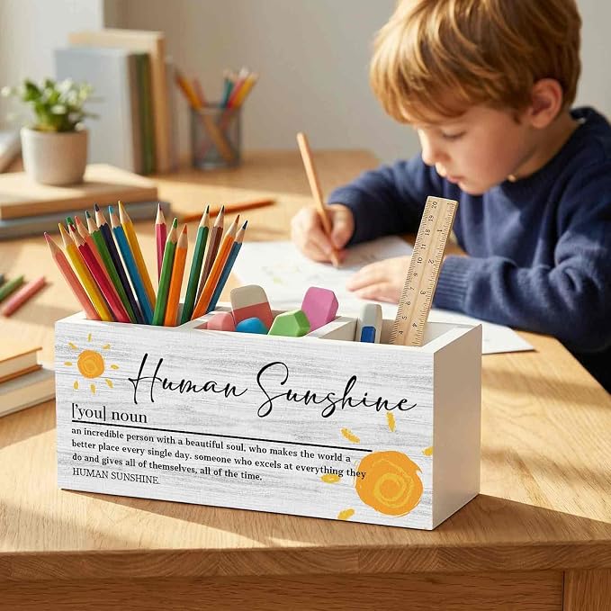 Human Sunshine Inspirational Pencil Pen Holder for Desk Organizer, Human Sunshine Gifts, Encouragement Gifts, Motivational Wooden Box Decorations for Home Office Bedroom Desk Tabletop Decor