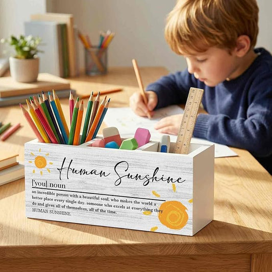 Human Sunshine Inspirational Pencil Pen Holder for Desk Organizer, Human Sunshine Gifts, Encouragement Gifts, Motivational Wooden Box Decorations for Home Office Bedroom Desk Tabletop Decor
