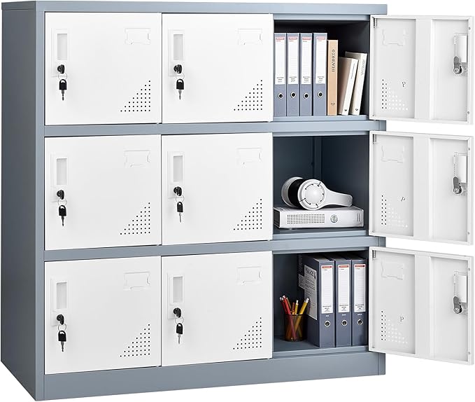 VEVOR 9 Doors Metal Locker for Employees, Steel Locking Storage Cabinet with Card Slot and Ventilation, 2 Keys for Each Door, Employee Lockers for Office, School, Gym, Home, Easy Assembly, Gray