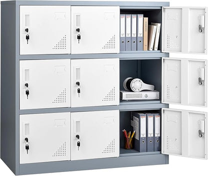 VEVOR 9 Doors Metal Locker for Employees, Steel Locking Storage Cabinet with Card Slot and Ventilation, 2 Keys for Each Door, Employee Lockers for Office, School, Gym, Home, Easy Assembly, Gray