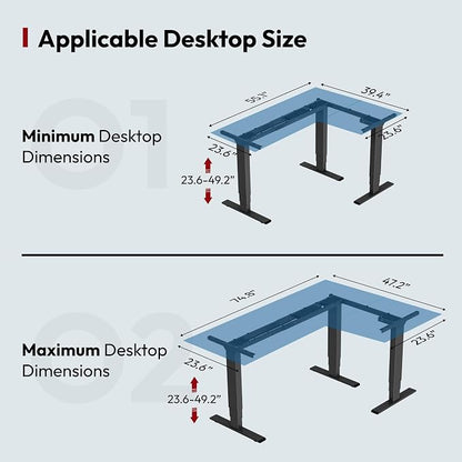 SANODESK Electric Height Adjustable 3-Leg L Shaped Standing Desk Frame, Support up to 330lbs, Sit Stand Ergonomic L Desk Frame Only, Black