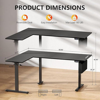 Korfile L Shaped Electric Standing Desk,63 Inch Adjustable Height Sit to Stand Corner Desk with Memory Presets, Reversible Computer Table for Home Office, Work and Study, Black