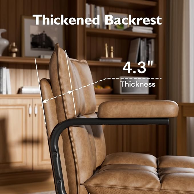 Ollega Mid Century Modern Desk Chair, Vintage Leather Office Chair, Brown | Petite Computer Chair for Small to Medium Women, Thickened Back, Cozy Seat, Adjustable Height for Home