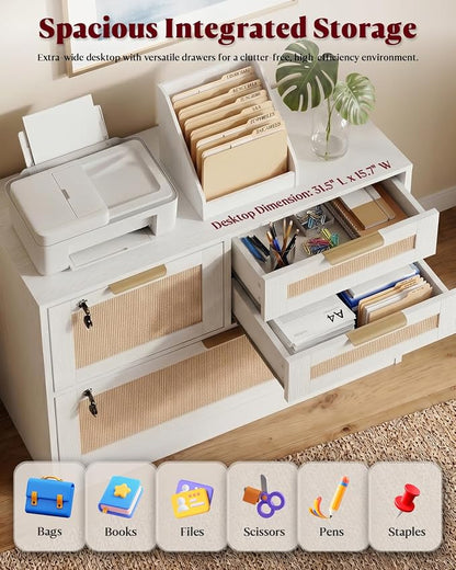 HOPUBUY 4 Drawer File Cabinet with Lock, Printer Stand Lateral Filing Cabinets for Home Office and School, Wood Rattan File Cabinet for Hanging Files/Letter/Legal/A4/F4 Size, White
