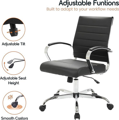LeisureMod Benmar Leather Office Desk Chair, Mid-Back Ergonomic Swivel Chair with Lumbar Support, Adjustable Height, Tilt Lock, Cushioned Seat & Back, Home Office Task Chair (Black, Set of 2)