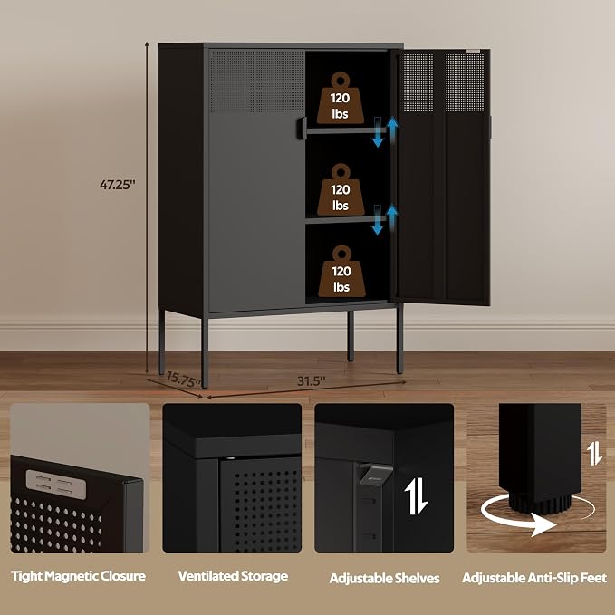 2 Mesh Door Metal Storage Cabinet with Adjustable Shelves, 3 Tier Steel Office Storage Cabinet 47''H Multipurpose Black Storage Cabinet, Metal Locker Storage Cabinet for Office, Home, Hallway