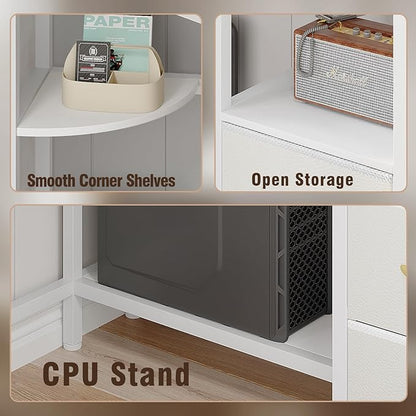 VENNQD Corner Desk with 6 Drawers Shelves for Small Space Computer Desk with Power Outlets,Gaming Desk with Printer Monitor Stand Storage for Home Office Workstation Writing Table (White, 31.5)