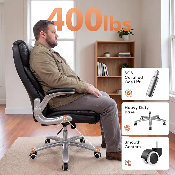 GYI Big and Tall 400lb Office Chair, Leather Executive Desk Chair, Black | 24"Wide Seat, High Back, Space-Saving Flip-up Arms, Lumbar Support, Heavy Duty Base, Home, Conference Room