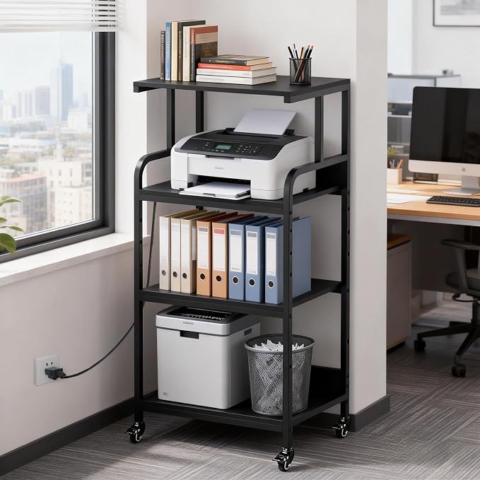 Black 4 Tier Adjustable Shelf Mobile Printer Stand Rolling Storage Cart | Space saving design fits small home office spaces supports scanner cricut heat press fax machine and other office equipment