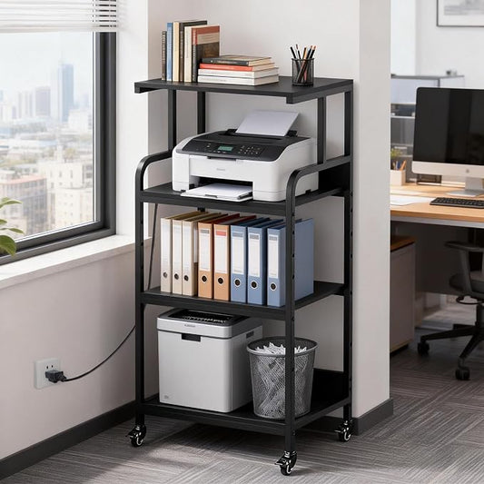 Black 4 Tier Adjustable Shelf Mobile Printer Stand Rolling Storage Cart | Space saving design fits small home office spaces supports scanner cricut heat press fax machine and other office equipment