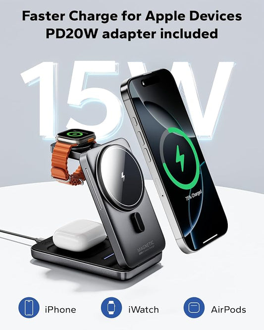 KPON Foldable 3in1 Charging Station for Magsafe, Travel Phone and Watch Charger for Apple, PD20W Wireless Charging Dock for Multiple Devices iPhone 17 16 15 14 13 12 Series/Apple Watch/Airpods