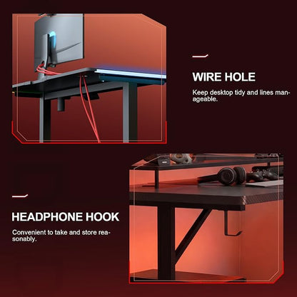 GTPLAYER Gaming Desk 55 Inch with LED Lights, Large Computer Desk with Mouse Pad for Home Office, T-Shaped Carbon Fibre Surface PC Game Workstations with Headphone Hook