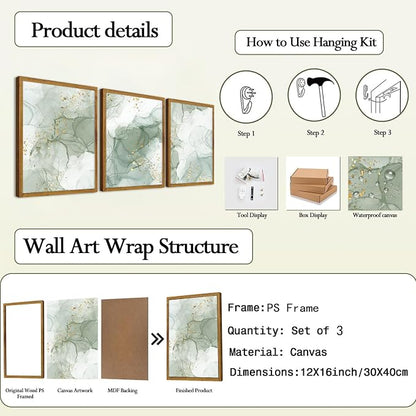 Framed Sage Green Wall Art Set of 3,Abstract Green Wall Decor Living Room,Minimalist Modern Framed Wall Art Marble Line Beige Gold Green Canvas Artwork Paintings,Boho Room Decor,Bedroom Bathroom Office Artwork,12"x16"