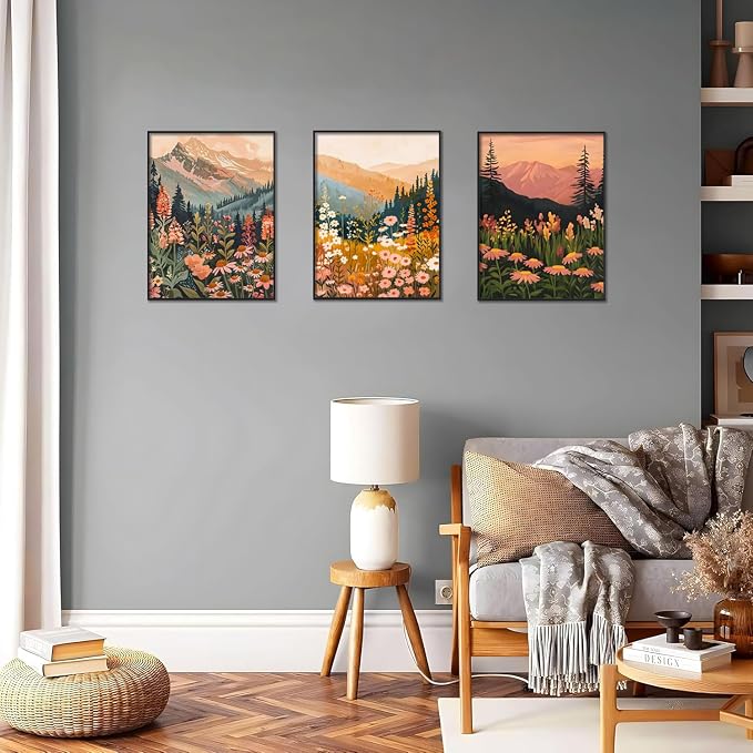 Boho Colorful Watercolor Mountain Posters Wall Art Set of 3 Wildflower Canvas Wall Decor Abstract Nature Landscape Artwork Paintings Picture Print for Living Room Bedroom Office 16x24In Unframed