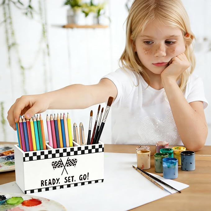 Race Car Kids Pen Pencil Holder for Desk, Race Car Room Decor, Ready Set Go Black Checkered Wooden Box Sign Decorations for Kids Boy Nursery Room Bedroom Playroom Desk Tabletop
