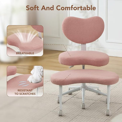 Cross Legged Office Chair, 360° Swivel Yoga Meditation Chair, Ergonomic Height Adjustable ADHD Criss Cross Office Chair with Wheels, Lumbar Support for Home Office, Pink