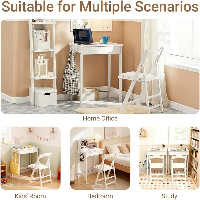 Haotian Small Desk with Drawers, Mini Writing Table, Vanity Table Computer Workstation Children Teenagers Desk with Hooks, White FWT43-W