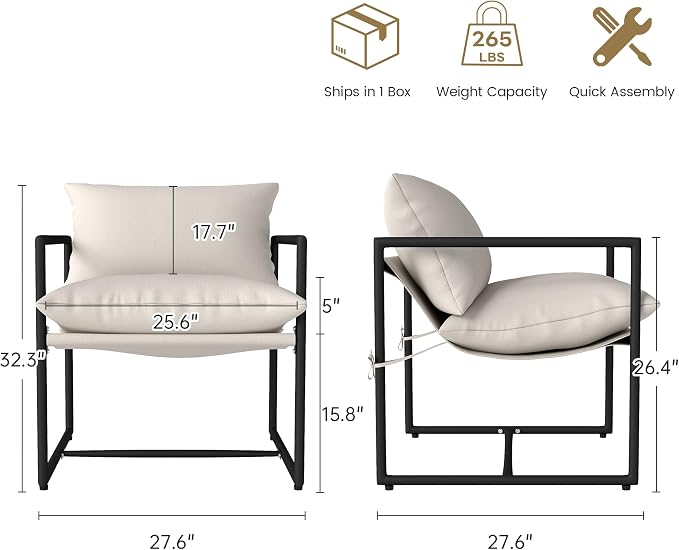 Kromax Sling Accent Chair, Set of 2, Cozy Living Room Chairs, Square Metal Frame, Upholstered Soft Cushion, Sponge, 28" x28“x32, Easy Assembly, Beige